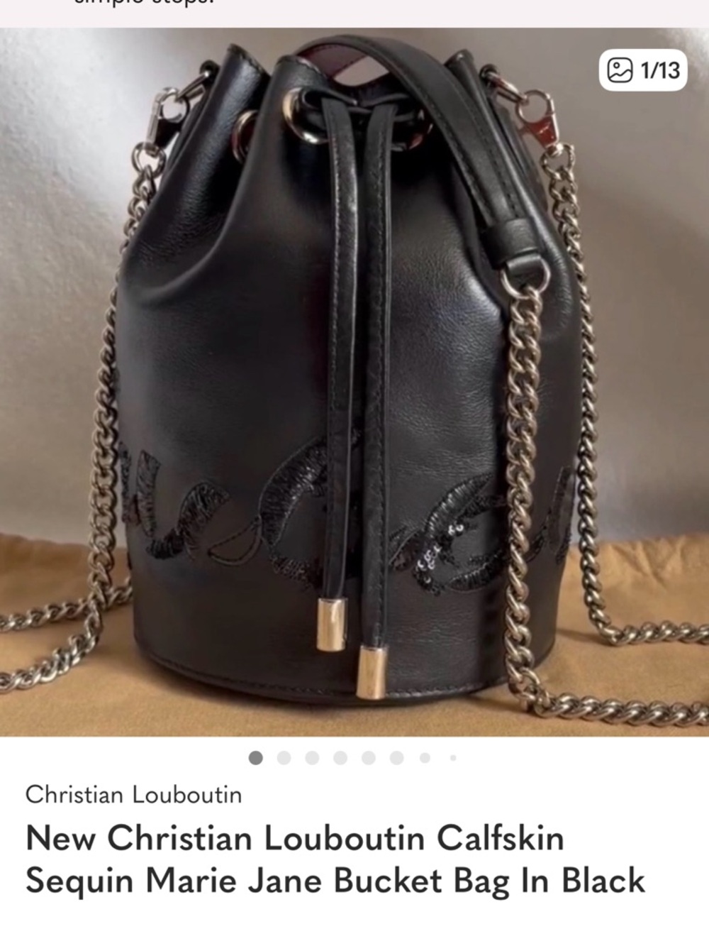 Christian Louboutin Marie Jane Black Calfskin Sequin Drawstring Bucket Bag